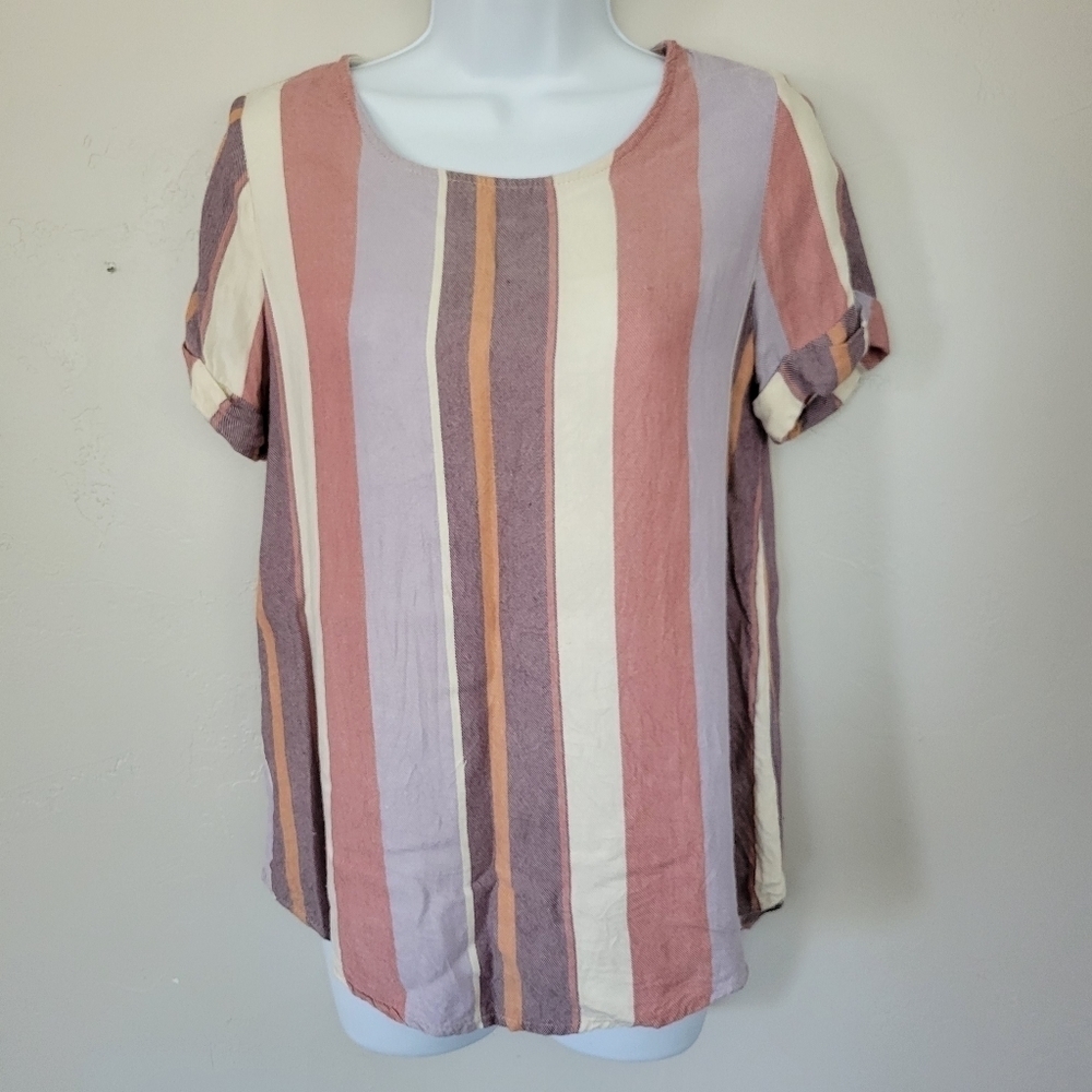 Bohme Small Vertical Striped Blouse Short Sleeve Shirt Pink Purple Cream Golden